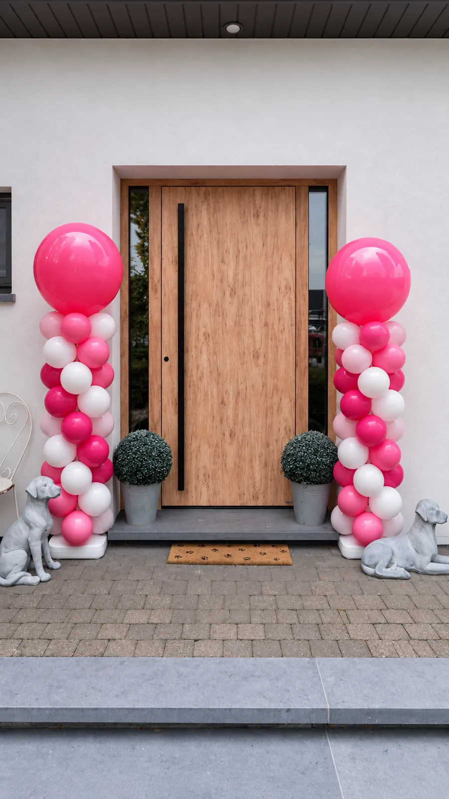 Twee ballonpilaren in roos, fuchsia en wit met een roze topballon, naast een voordeur
