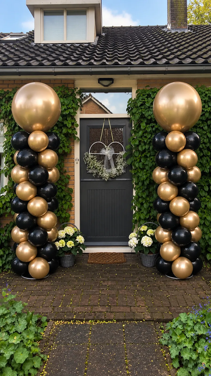 Twee ballonpilaren in zwart en goud met een gouden topballon, naast een voordeur